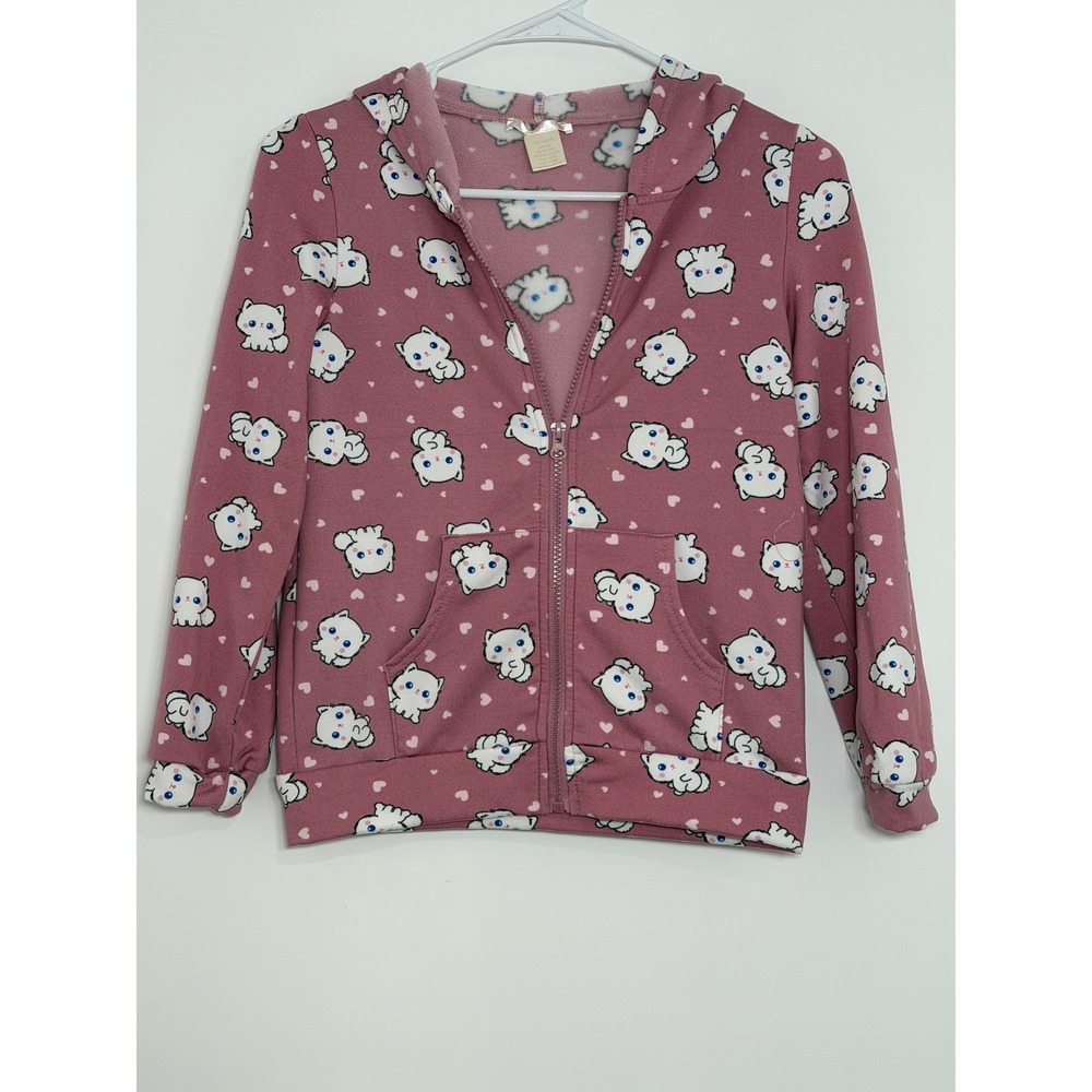 Emma & Elsa Girls Cat Print Zip Hoodie Size 10/12 M Pink Kawaii
